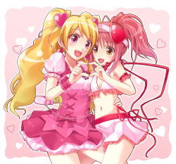 Rule 34 | 00s, 2girls, amulet heart, blonde hair, blush, bow, chobipero, crossover, cure peach, flat chest, fresh precure!, hair ornament, happy, heart, heart hair ornament, heart hands, heart hands duo, hinamori amu, long hair, magical girl, midriff, momozono love, multiple girls, no choker, open mouth, pink bow, pink eyes, pink hair, precure, shugo chara!, skirt, smile, twintails, yellow eyes