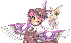 Rule 34 | 1girl, animal ears, arm up, bird ears, bird wings, blush, brown dress, brown headwear, dress, fingernails, frilled sleeves, frills, green nails, grin, index finger raised, ini (inunabe00), juliet sleeves, long fingernails, long sleeves, mystia lorelei, nail polish, one eye closed, pink hair, puffy sleeves, sharp fingernails, short hair, simple background, smile, solo, touhou, upper body, white background, white wings, wide sleeves, winged hat, wings, yellow eyes