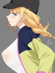 Rule 34 | 1girl, 9rimson, black hat, black jacket, blonde hair, blouse, blue eyes, blunt bangs, braid, breasts, commentary, covered erect nipples, dated, from side, green jacket, grey background, hat, highres, jacket, large breasts, long hair, looking at viewer, multicolored clothes, multicolored jacket, naughty face, open clothes, open jacket, paripi koumei, profile, see-through, see-through shirt, shirt, sidelocks, signature, simple background, solo, sweat, sweatdrop, symbol-only commentary, tsukimi eiko, twin braids, upper body, white shirt