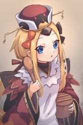 Rule 34 | 1girl, :o, abigail williams (fate), benienma (fate), benienma (fate) (cosplay), bird hat, black bow, blonde hair, blue eyes, bow, breasts, brown kimono, cosplay, fate/grand order, fate (series), forehead, highres, japanese clothes, kimono, long hair, long sleeves, low ponytail, miya (miyaruta), multiple bows, ohitsu, orange bow, parted bangs, ponytail, shamoji, sidelocks, small breasts, solo, wide sleeves, wooden spoon