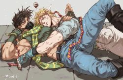 Rule 34 | 2boys, bare arms, bare shoulders, battle tendency, belt, blonde hair, blue belt, blue gloves, blue pants, blue shirt, boots, brown belt, brown hair, caesar anthonio zeppeli, closed mouth, commentary, covered mouth, crop top, denim, dirty, dirty clothes, dirty face, eyebrows hidden by hair, face to pecs, facial mark, feather hair ornament, fingerless gloves, gloves, green eyes, green gloves, green shirt, grey background, hair ornament, hamon mask, head on chest, head rest, headband, highres, jeans, jojo no kimyou na bouken, joseph joestar, joseph joestar (young), knee boots, looking at another, looking at viewer, lying, lying on person, male focus, mask, midriff peek, motion lines, mouth mask, multicolored clothes, multicolored scarf, multiple boys, muscular, on back, one eye closed, pants, patting, patting back, pectoral pillow, sashiyu, scarf, shirt, short hair, short sleeves, signature, sleeveless, squiggle, stone, striped clothes, striped scarf, symbol-only commentary, triangle print, white pants