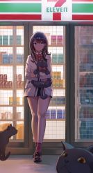 Rule 34 | 1girl, 7-eleven, absurdres, black cat, black hair, black skirt, blackcat enjia, blue eyes, bow, brown footwear, can, cardigan, cat, commentary request, convenience store, drink can, earphones, freezer, gridman universe, highres, juice box, legs, long hair, long sleeves, looking at viewer, microskirt, pleated skirt, red bow, red legwear, red neckwear, school uniform, shirt, shop, skirt, soda can, solo, ssss.gridman, standing, sweater, takarada rikka, thighs, white cardigan, white shirt, white sweater