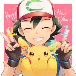 Rule 34 | 1boy, 2021, ^ ^, ash ketchum, baseball cap, border, bouffalant, brown gloves, clenched teeth, closed eyes, commentary request, creature, creatures (company), double v, fingerless gloves, game freak, gen 1 pokemon, gen 2 pokemon, gen 5 pokemon, gloves, grin, hands up, happy new year, hat, highres, looking at viewer, male focus, miltank, new year, nintendo, ochi (lokun), outline, outside border, pikachu, pink background, pokemon, pokemon (anime), pokemon (creature), pokemon the movie: the power of us, short hair, simple background, smile, tauros, teeth, v, white border