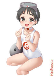Rule 34 | 1girl, black hair, blush, brown eyes, clothes writing, collarbone, cropped legs, diving mask, diving mask on head, ebifurya, goggles, goggles on head, highres, kantai collection, maru-yu (kancolle), one-piece swimsuit, open mouth, school swimsuit, short hair, simple background, solo, swimsuit, twitter username, white background, white one-piece swimsuit