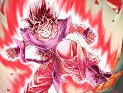 Rule 34 | 1boy, aura, boots, bracelet, clenched teeth, dragon ball, dragonball z, fighting stance, floating hair, highres, jewelry, kaio-ken, kaiouken, male focus, mattari illust, muscular, rock, serious, solo, son goku, spiked hair, teeth, torn clothes