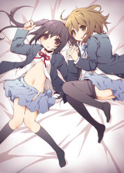 Rule 34 | 2girls, :d, :o, ahoge, ass, bed sheet, black hair, black socks, blazer, blush, brown eyes, brown hair, buttons, clenched hand, clothes pull, dress shirt, flat chest, from above, groin, hair between eyes, hair ornament, hairclip, high collar, hirasawa yui, holding hands, indoors, jacket, k-on!, kneehighs, knees together feet apart, long hair, long sleeves, looking at viewer, looking back, low twintails, lying, midriff, miniskirt, multiple girls, nakano azusa, navel, neck ribbon, no bra, no panties, on back, on side, open clothes, open mouth, open shirt, open skirt, pantyhose, pantyhose pull, pink eyes, pleated skirt, ribbon, school uniform, shikage nagi, shirt, skirt, smile, socks, thigh gap, tororo29, twintails, unbuttoned, very long hair, yuri