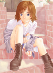 Rule 34 | 1girl, boots, cutoffs, denim, denim shorts, nama (palette), shorts, sitting, sitting on stairs, solo, stairs