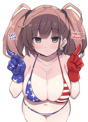 Rule 34 | 1girl, alternate costume, american flag bikini, atlanta (kancolle), bare arms, bare shoulders, bikini, blue gloves, blush, breasts, brown hair, cleavage, collarbone, commentary request, cowboy shot, earrings, flag print, gloves, grey eyes, halterneck, index finger raised, jewelry, kantai collection, large breasts, long hair, looking at viewer, navel, odawara hakone, one-hour drawing challenge, pointing, pointing up, red gloves, simple background, single earring, skindentation, solo, star (symbol), star earrings, striped bikini, striped clothes, swimsuit, two side up, white background