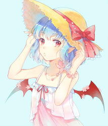 Rule 34 | 1girl, bad id, bad pixiv id, bare shoulders, bat wings, bead necklace, beads, blue background, blue hair, blush, bow, camisole, casual, closed mouth, ekita kuro, eyebrows, fingernails, flat chest, flower, frown, hands on headwear, hat, hat bow, hat ribbon, jewelry, lace trim, looking at viewer, nail polish, necklace, pink flower, pointy ears, red eyes, red nails, red ribbon, remilia scarlet, ribbon, sharp fingernails, short hair, simple background, sleeveless, solo, spaghetti strap, straw hat, summer, touhou, upper body, wings, yellow hat