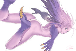Rule 34 | 1990s (style), 1girl, ass, barefoot, blue eyes, claws, colored skin, feet, female focus, final fantasy, final fantasy vi, long hair, looking back, nude, pointy ears, purple hair, purple skin, retro artstyle, signature, simple background, solo, tina branford, trance terra branford, yukihiro