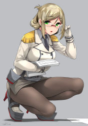 Rule 34 | 1girl, adjusting eyewear, bespectacled, black neckwear, black pantyhose, blonde hair, breasts, chestnut mouth, commentary request, full body, glasses, green eyes, grey background, grey shirt, happa (cloverppd), kantai collection, katori (kancolle), large breasts, long hair, looking at viewer, miniskirt, pantyhose, pencil skirt, picking up, shirt, short hair, simple background, skirt, solo, squatting