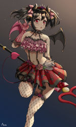 Rule 34 | 1girl, akiki222222222, akiki (kiki), artist name, artist request, bare shoulders, black choker, black hair, blush, bow, breasts, choker, collarbone, curled horns, curly hair, demon girl, demon horns, demon tail, demon wings, earrings, elbow gloves, female focus, fishnet thighhighs, fishnets, floral print, flower, flower earrings, gloves, grey wings, hair between eyes, hair bow, hair flower, hair ornament, hairclip, highres, holding trident, horns, jewelry, looking at viewer, love live!, love live! school idol festival, love live! school idol project, midriff, navel, parted lips, pink flower, pink gloves, pink rose, pleated skirt, polearm, polka dot, polka dot bow, print skirt, purple flower, purple rose, red bow, red eyes, red flower, red rose, red skirt, rose, rose print, short hair, sidelocks, skirt, small breasts, smile, solo, standing, standing on one leg, striped clothes, striped gloves, tail, thighhighs, tiara, trident, twintails, vertical-striped clothes, vertical-striped gloves, weapon, wings, yazawa nico