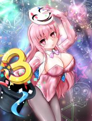 Rule 34 | 1girl, alternate costume, anniversary, bare shoulders, bow, breasts, cleavage, commentary request, confetti, cowboy shot, cross, detached collar, elbow gloves, expressionless, fox mask, gloves, glowing, glowing eyes, hat, hata no kokoro, head tilt, hip focus, hyottoko mask, kagitsume, large breasts, leotard, long hair, looking at viewer, looking to the side, magician, mask, monkey mask, new mask of hope, pantyhose, parted lips, pink eyes, pink gloves, pink hair, pink pupils, playboy bunny, ribbon, shiny clothes, solo, sparkle, star (symbol), top hat, touhou, very long hair