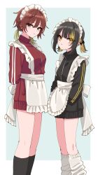 Rule 34 | 2girls, aketa mikoto, angry, apron, aqua background, arms behind back, black hair, black jacket, black socks, blonde hair, blush stickers, border, brown eyes, brown hair, commentary, cowboy shot, expressionless, eyelashes, frilled apron, frills, hands in pockets, highres, idolmaster, idolmaster shiny colors, ikaruga luca, jacket, jersey maid, leg warmers, legs, long sleeves, looking at viewer, maid, maid headdress, multicolored hair, multiple girls, red jacket, short hair, short twintails, sidelocks, socks, sukoyaka (100hituzi), thighs, track jacket, twintails, two-tone hair, unconventional maid, v-shaped eyebrows, white apron, white border, yellow eyes