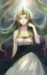 Rule 34 | 1girl, absurdres, bare shoulders, breasts, circlet, cleavage, dress, earrings, fire emblem, fire emblem echoes: shadows of valentia, green eyes, green hair, highres, horns, jewelry, large breasts, long hair, machi wt, mila (fire emblem), nintendo, parted lips, pointy ears, single horn, solo