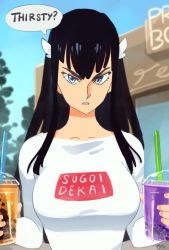 Rule 34 | 1girl, alternate costume, black hair, blue eyes, bubble tea, clothes writing, commentary, cup, day, day, disposable cup, drinking straw, english commentary, english text, hair ornament, kill la kill, kiryuuin satsuki, long hair, long sleeves, looking at viewer, meme attire, optionaltypo, outdoors, shirt, sidelocks, solo, speech bubble, sugoi dekai, tsurime, upper body, v-shaped eyebrows, white shirt