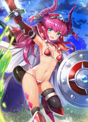 Rule 34 | 1girl, armor, armored boots, armpits, bikini, bikini armor, black thighhighs, blue eyes, blue ribbon, blush, boots, breasts, broadsword, cape, choker, curled horns, elizabeth bathory (brave) (fate), elizabeth bathory (fate), fate/grand order, fate (series), hair ribbon, highres, holding, holding sword, holding weapon, horns, knee boots, long hair, looking at viewer, meesuke, navel, open mouth, oversized clothes, pauldrons, pink hair, pointy ears, red armor, red bikini, red footwear, ribbon, shield, shoulder armor, small breasts, solo, string bikini, sweat, swimsuit, sword, tail, thighhighs, tiara, vambraces, weapon, white cape
