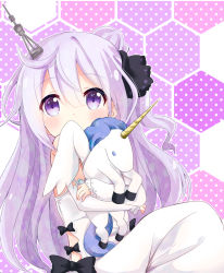 Rule 34 | 1girl, azur lane, black bow, blush, bow, commentary request, detached sleeves, dress, from side, hair between eyes, hair ornament, honeycomb (pattern), honeycomb background, long hair, looking at viewer, looking to the side, massala, hugging object, one side up, polka dot, polka dot background, purple eyes, purple hair, sitting, sleeves past wrists, solo, stuffed animal, stuffed pegasus, stuffed toy, stuffed winged unicorn, tareme, unicorn (azur lane), very long hair, white dress, white sleeves