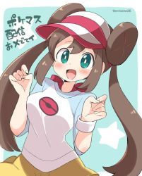 Rule 34 | 1girl, black legwear, blue eyes, blue sleeves, blush, breasts, brown hair, commentary request, creatures (company), double bun, eromame, game freak, hair bun, hands up, long hair, looking at viewer, medium breasts, nintendo, open mouth, pokemon, pokemon bw2, raglan sleeves, rosa (pokemon), shirt, shorts, simple background, solo, star (symbol), text focus, translation request, twintails, twitter username, upper body, very long hair, visor cap, white shirt, wristband, yellow shorts