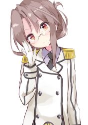 Rule 34 | 1girl, absurdres, adjusting eyewear, amano kouki, arm up, black necktie, blush, brown eyes, brown hair, closed mouth, collared shirt, commentary request, cosplay, epaulettes, glasses, gloves, grey shirt, hair between eyes, head tilt, highres, jacket, kantai collection, katori (kancolle), katori (kancolle) (cosplay), long sleeves, looking at viewer, necktie, shirt, simple background, smile, solo, upper body, white background, white gloves, white jacket, zuihou (kancolle)