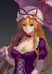 Rule 34 | 1girl, absurdres, bad id, bad pixiv id, blonde hair, breasts, choker, cleavage, detached collar, dress, elbow gloves, gloves, grey background, hair over shoulder, hat, hat ribbon, highres, holding, holding umbrella, kira3430, lips, long hair, looking at viewer, mob cap, nose, purple dress, purple eyes, ribbon, ribbon-trimmed clothes, ribbon choker, ribbon trim, sidelocks, solo, touhou, umbrella, upper body, very long hair, white gloves, yakumo yukari