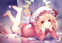 Rule 34 | 1girl, alternate costume, asada ryou, barefoot, blonde hair, commentary request, curtains, dress, flandre scarlet, hands on own cheeks, hands on own face, hat, hat ribbon, head rest, highres, indoors, legs up, long sleeves, looking at viewer, lying, mob cap, on bed, on stomach, partial commentary, pillow, red dress, red eyes, ribbon, short hair, smile, solo, star (symbol), stuffed animal, stuffed rabbit, stuffed toy, sweater, sweater dress, the pose, touhou, wallpaper (object), white hat, wings