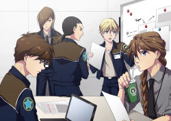 Rule 34 | 5boys, back, black neckwear, blonde hair, braid, brown hair, chang wufei, computer, cup, disposable cup, drink, drinking, drinking straw, duo maxwell, english text, expressionless, green eyes, gundam, gundam wing, hair over one eye, heero yuy, highres, holding, holding drink, holding paper, jacket, laptop, long hair, male focus, multiple boys, necktie, open mouth, paper, ponytail, profile, purple eyes, quatre raberba winner, rei (usabiba), single braid, table, trowa barton, upper body