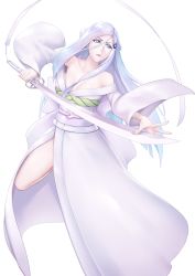 Rule 34 | 1girl, bare shoulders, bleach, blue eyes, blue hair, breasts, collarbone, commentary request, hair ornament, hairclip, highres, holding, holding sword, holding weapon, japanese clothes, katana, kimono, light blue hair, long hair, off shoulder, sakuya (liao kj), simple background, small breasts, sode no shirayuki, solo, sword, weapon, white background, white kimono