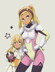 Rule 34 | 2girls, black hairband, blonde hair, bodysuit, child, covered navel, earrings, funicia rafaeli, hair ornament, hairband, hand on own hip, hand puppet, jewelry, kanata no astra, long hair, multiple girls, nana-ine, open mouth, puppet, purple eyes, quitterie rafaeli, siblings, simple background, sisters, smile, standing, star (symbol), star hair ornament, twintails
