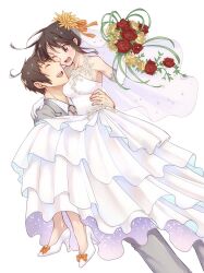 Rule 34 | 1boy, 1girl, ;d, bouquet, brown hair, carrying, closed eyes, collared shirt, commentary request, couple, dress, flower, formal, grey suit, happy, hetero, high heels, highres, holding, holding bouquet, husband and wife, kyon, one eye closed, open mouth, princess carry, shirt, short hair, smile, standing, suit, suzumiya haruhi, suzumiya haruhi no yuuutsu, taiki (6240taiki), teeth, wedding dress, white footwear, white shirt