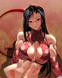 Rule 34 | 1girl, abs, artist name, black hair, bowalia, breasts, glasses, head tilt, large breasts, long hair, looking at viewer, muscular, muscular female, navel, original, parted bangs, pink lips, purple eyes, shadow, shiny skin, smile, solo, toned, upper body, very long hair