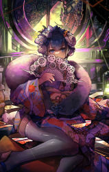 Rule 34 | 1girl, absurdres, blue eyes, blue hair, blush, book, fan, flower, frown, gears, hair between eyes, hair flower, hair ornament, highres, holocouncil, hololive, hololive english, japanese clothes, kimono, lamp, lantern, looking at viewer, ouro kronii, sandals, short hair, sitting, snake, solo, tagme, thighhighs, virtual youtuber, vyragami
