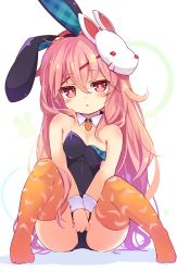 Rule 34 | 1girl, :o, aged down, animal ears, areola slip, baku-p, bare shoulders, black leotard, carrot necklace, detached collar, fake animal ears, full body, hair between eyes, hata no kokoro, highres, jewelry, leotard, long hair, looking at viewer, mask, necklace, orange thighhighs, pink eyes, pink hair, rabbit ears, rabbit mask, sitting, solo, thighhighs, touhou, v arms, white background, wrist cuffs