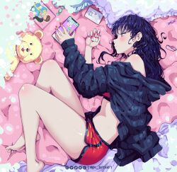 Rule 34 | 1girl, ass, bare legs, bare shoulders, barefoot, bed sheet, blue hoodie, blush, boku no kokoro no yabai yatsu, candy, cellphone, closed mouth, drawing (object), feet, feet out of frame, food, frilled pillow, frills, highres, hood, hoodie, jk arts, charm (object), knees up, legs, long hair, lying, manga (object), messy hair, nail polish, off-shoulder sweater, off shoulder, on side, open clothes, open hoodie, phone, pillow, red shorts, red sports bra, shorts, smartphone, solo, sports bra, spread toes, stuffed animal, stuffed toy, sweater, teddy bear, thighs, toenail polish, toenails, toes, twitter username, unworn eyewear, yamada anna, yellow eyes