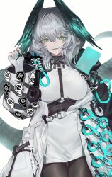 Rule 34 | 1girl, absurdres, aqua eyes, aqua nails, aqua wings, arknights, black thighhighs, blush, breasts, chise (cym23730), coat, dress, fangs, feathered wings, feathers, fingerless gloves, gloves, grey hair, hair between eyes, head wings, highres, ho&#039;olheyak (arknights), holding, holding feather, infection monitor (arknights), large breasts, long coat, long sleeves, looking at viewer, open clothes, open coat, open mouth, short hair, sidelocks, snake tail, solo, tail, thighhighs, upper body, white background, white dress, white gloves, wings