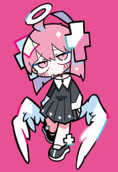 Rule 34 | 1girl, ahoge, angel wings, black choker, black dress, black footwear, black sleeves, blunt ends, blush stickers, check copyright, choker, commentary request, copyright request, criss-cross halter, cross, cross choker, cross print, dress, expressionless, eyelashes, feathered wings, full body, halo, halterneck, long sleeves, looking at viewer, mary janes, medium hair, original, pink background, pink eyes, pink hair, pleated skirt, raised eyebrows, shoes, short dress, simple background, skirt, smoking, solo, terada tera, white halo, white wings, wings
