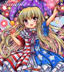 Rule 34 | 1girl, :d, american flag dress, american flag legwear, arm up, blonde hair, blue dress, blush, brooch, clownpiece, cowboy shot, dress, fairy wings, fang, hat, holding, index finger raised, jester cap, jewelry, long hair, looking at viewer, marker (medium), multicolored clothes, multicolored dress, neck ruff, open mouth, polka dot headwear, print dress, purple hair, purple hat, purple ribbon, red dress, ribbon, rui (sugar3), sample watermark, short sleeves, smile, solo, star (symbol), star print, striped clothes, striped dress, thighhighs, touhou, traditional media, very long hair, watermark, wings