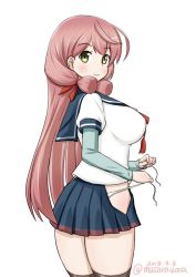 Rule 34 | 1girl, akashi (kancolle), bare hips, blouse, blue serafuku, blue skirt, blush, breasts, brown thighhighs, closed mouth, cowboy shot, dated, green eyes, hip vent, kantai collection, large breasts, layered clothes, layered sleeves, legs together, long hair, long sleeves, masara (chuujou), miniskirt, one-hour drawing challenge, panties, pink hair, school uniform, serafuku, shirt, short over long sleeves, short sleeves, side-tie panties, simple background, skirt, smile, solo, standing, thighhighs, thighs, twintails, underwear, untied panties, very long hair, white background, white panties, white shirt