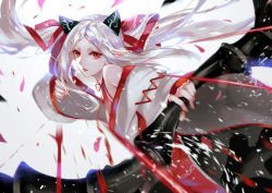 Rule 34 | 1girl, bow, bow (weapon), fang, forever 7th capital, hair ribbon, highres, holding, japanese clothes, kimono, long hair, long sleeves, looking at viewer, motion blur, off shoulder, parted lips, pointy ears, red eyes, red ribbon, ribbon, sidelocks, silver hair, solo, thick eyebrows, twintails, vardan, very long hair, weapon, wide sleeves, yui (forever 7th capital)