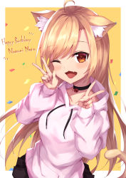 Rule 34 | 1girl, ;d, absurdres, ahoge, animal ear fluff, animal ears, black choker, black skirt, blonde hair, brown background, brown eyes, cat ears, cat girl, cat tail, choker, collarbone, commentary request, confetti, double v, drawstring, fang, hands up, highres, hood, hood down, hoodie, long hair, long sleeves, looking at viewer, masaki (msk064), nanami naru (vtuber), one eye closed, open mouth, pink hoodie, pleated skirt, puffy long sleeves, puffy sleeves, skirt, sleeves past wrists, smile, solo, tail, two-tone background, v, vd.c/v dimension.creator, very long hair, virtual youtuber, white background