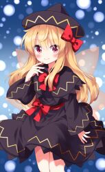 Rule 34 | 1girl, black capelet, black dress, black headwear, blonde hair, blue background, bow, bowtie, capelet, closed mouth, commentary request, dress, gradient background, hair bow, highres, lily black, lily white, long hair, long sleeves, red bow, red bowtie, red eyes, ruu (tksymkw), sidelocks, smile, solo, touhou, wings