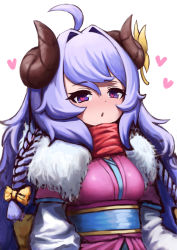 Rule 34 | 1girl, ahoge, alternate eye color, alternate hair color, alternate hairstyle, blue hair, blush, braid, curled horns, flower, fur (clothing), hair between eyes, hair flower, hair ornament, heart, heart-shaped pupils, horns, japanese clothes, kindred (league of legends), lamb (league of legends), league of legends, long hair, long sleeves, looking at viewer, official alternate costume, official alternate hairstyle, open mouth, purple hair, ribbon, side braid, solo, spirit blossom kindred, suzumiya ran, symbol-shaped pupils, twin braids, twintails, white background, white fur