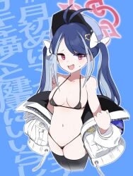 Rule 34 | 1girl, antenna hair, armband, averting eyes, bikini, black bikini, black thighhighs, blue archive, blue armband, blue background, blue hair, blush, bow, breasts, collarbone, covered erect nipples, cropped legs, crotch, fubuki (blue archive), hair bow, hair ornament, halo, heart, heart hair ornament, highres, jacket, micro bikini, multicolored hair, navel, off shoulder, open clothes, open jacket, open mouth, outline, red halo, small sweatdrop, solo, stomach, streaked hair, swimsuit, thighhighs, twintails, uni gyoza, white footwear, white jacket, white outline