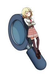Rule 34 | 1girl, absurdres, arms under breasts, black thighhighs, blonde hair, blue eyes, blush, collared shirt, crossed arms, ddolbang, hair ornament, highres, hololive, hololive english, looking at viewer, magnifying glass, necktie, one eye closed, pocket watch, red necktie, shirt, short hair, thighhighs, virtual youtuber, watch, watson amelia, watson amelia (1st costume), white background, white shirt