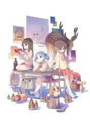 3girls absurdres aioi_yuuko animal bamboo_shoot black_eyes black_hair blue_eyes blue_hair book brown_eyes brown_hair cardigan chair cube_hair_ornament daruma_doll deer desk dog glasses hair_ornament highres holding holding_book long_hair long_sleeves minakami_mai multiple_girls naganohara_mio nakamori_kemuri namahage nichijou oguri_cap_(nichijou) open_book pleated_skirt reading red_skirt salmon school_chair school_desk school_uniform shoes short_hair short_twintails sitting skirt socks tokisadame_school_uniform twintails white_footwear white_socks yellow_cardigan