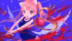 Rule 34 | + +, 1girl, absurdres, animal ears, black one-piece swimsuit, blood, blue background, blurry, blurry foreground, cat ears, doughnut, feathered wings, food, highres, long hair, low wings, natsu-no-kamisama, one-piece swimsuit, open mouth, original, pink hair, red eyes, solo, staff, swimsuit, twintails, upper body, white wings, wings