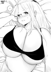 Rule 34 | ..., 1girl, bangs pinned back, bare arms, bare shoulders, bed, breasts, cleavage, curvy, facing viewer, glasses, greyscale, highres, huge breasts, inne sulistya robin, looking at viewer, lying, midriff, monochrome, norman maggot, on back, original, parted lips, pillow, solo, speech bubble, spoken ellipsis, sweatdrop, under covers, underboob, upper body