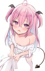Rule 34 | 1girl, absurdres, barefoot, breasts, crying, crying with eyes open, demon girl, demon tail, fang, highres, long hair, looking at viewer, naked shirt, off shoulder, okiq, original, oversized clothes, oversized shirt, pink eyes, pink hair, shirt, shirt grab, small breasts, standing, tail, tears, trembling, two side up