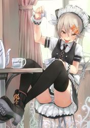 Rule 34 | 1girl, :p, blonde hair, boots, brown eyes, chair, cup, dress, fu-ta, hair ornament, hairclip, long hair, maid, maid headdress, moe2015, original, panties, pantyshot, ponytail, pouring, sitting, solo, striped clothes, striped panties, table, teacup, teapot, thighhighs, tongue, tongue out, twintails, underwear, usami taiga, wrist cuffs