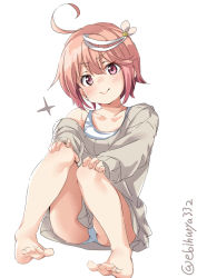 Rule 34 | 1girl, alternate costume, barefoot, blush, closed mouth, ebifurya, feet, flower, grey sweater, hair between eyes, hair flower, hair ornament, highres, i-58 (kancolle), kantai collection, looking at viewer, one-piece swimsuit, orange hair, pink hair, short hair, simple background, smile, solo, sweater, swimsuit, swimsuit under clothes, white background, white one-piece swimsuit